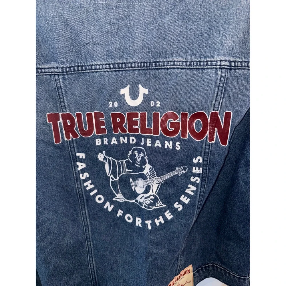 True Religion Mens Denim Trucker Jacket Blue Red Horseshoe Logo World Tour siz M